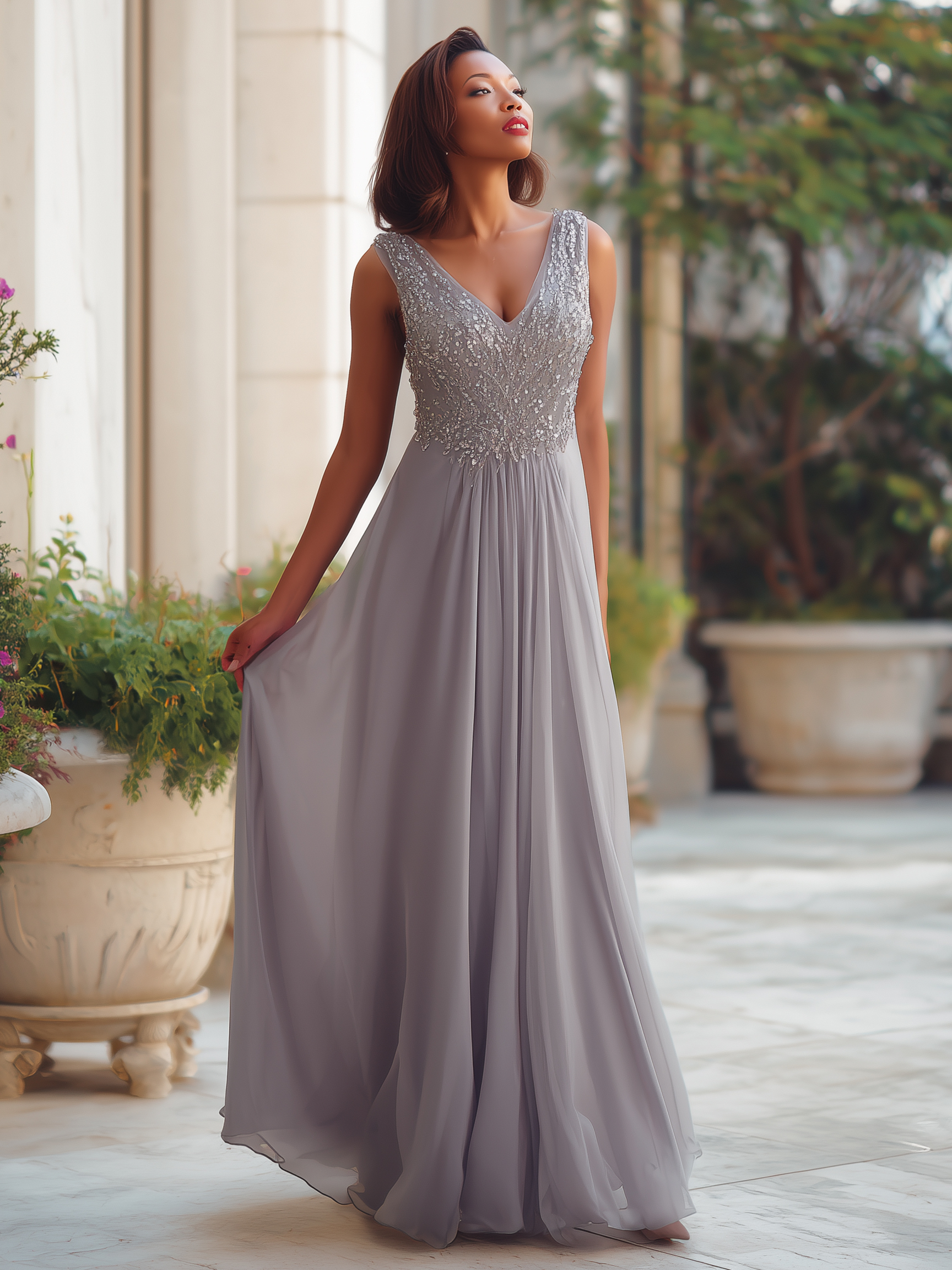 Chiffon Deep V Neck Mother of the Bride Dresses with Embroidery
