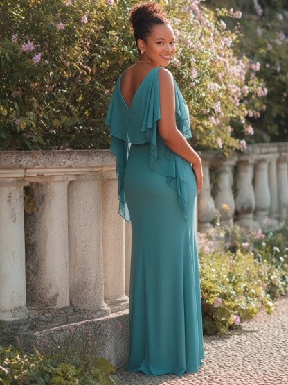 Chiffon Drop Neck Mother of the Bride Dresses with Ruffles