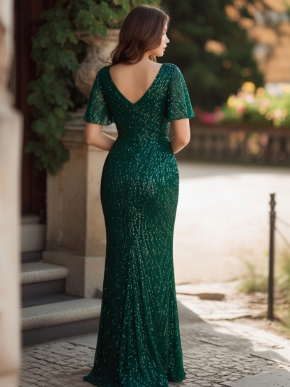 Sequin Deep V Neck Mother of the Bride Dresses with Embroidery