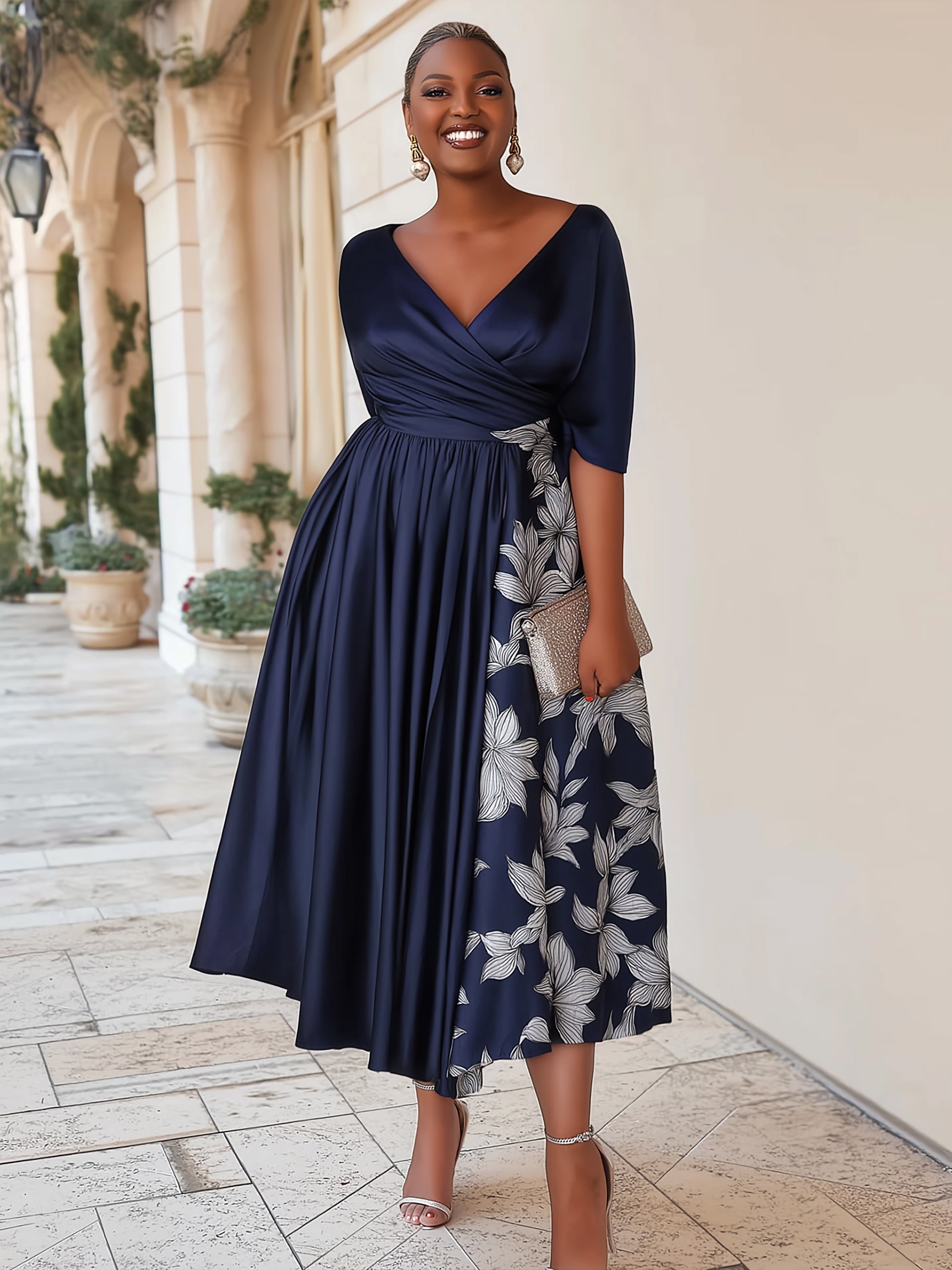 Jacquard Satin V Neck Mother of the Bride Dresses with Embroidery