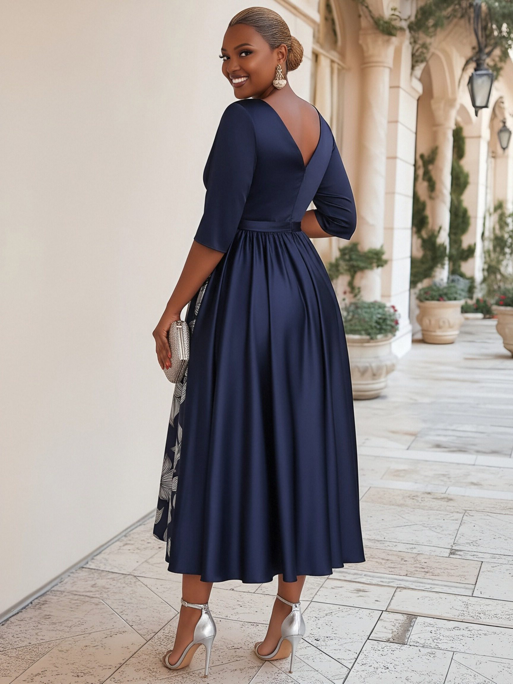 Jacquard Satin V Neck Mother of the Bride Dresses with Embroidery