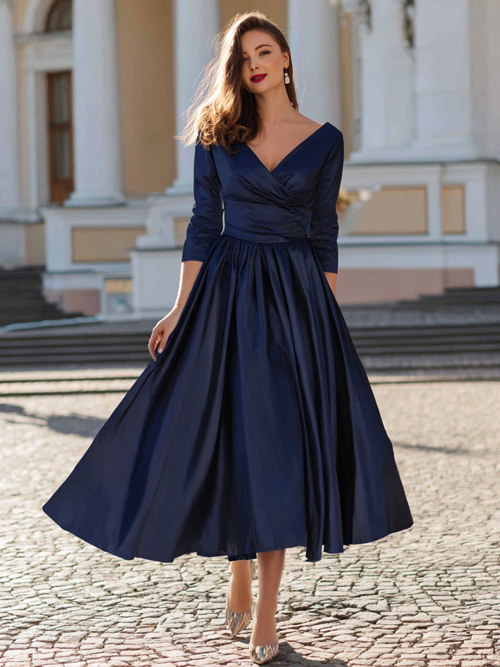 Satin V Neck Mother of the Bride Dresses with Embroidery