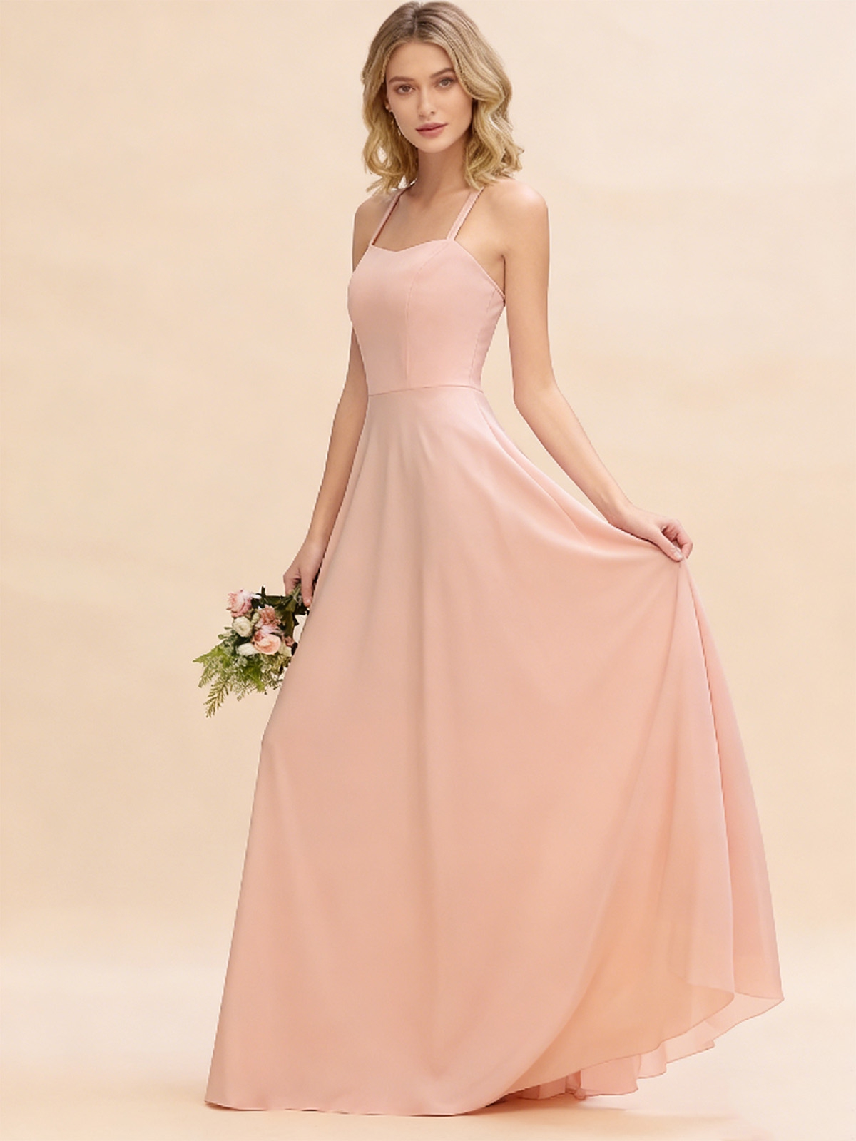 A Line Chiffon Criss Cross Straps Bridesmaid Dresses