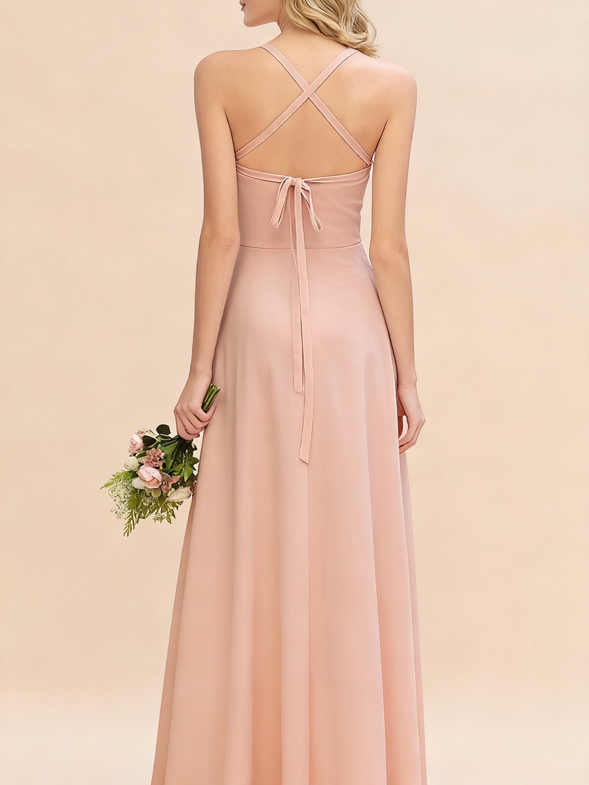 A Line Chiffon Criss Cross Straps Bridesmaid Dresses