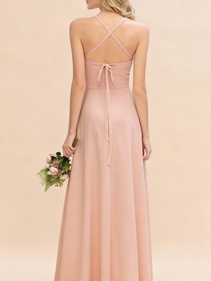 A Line Chiffon Criss Cross Straps Bridesmaid Dresses