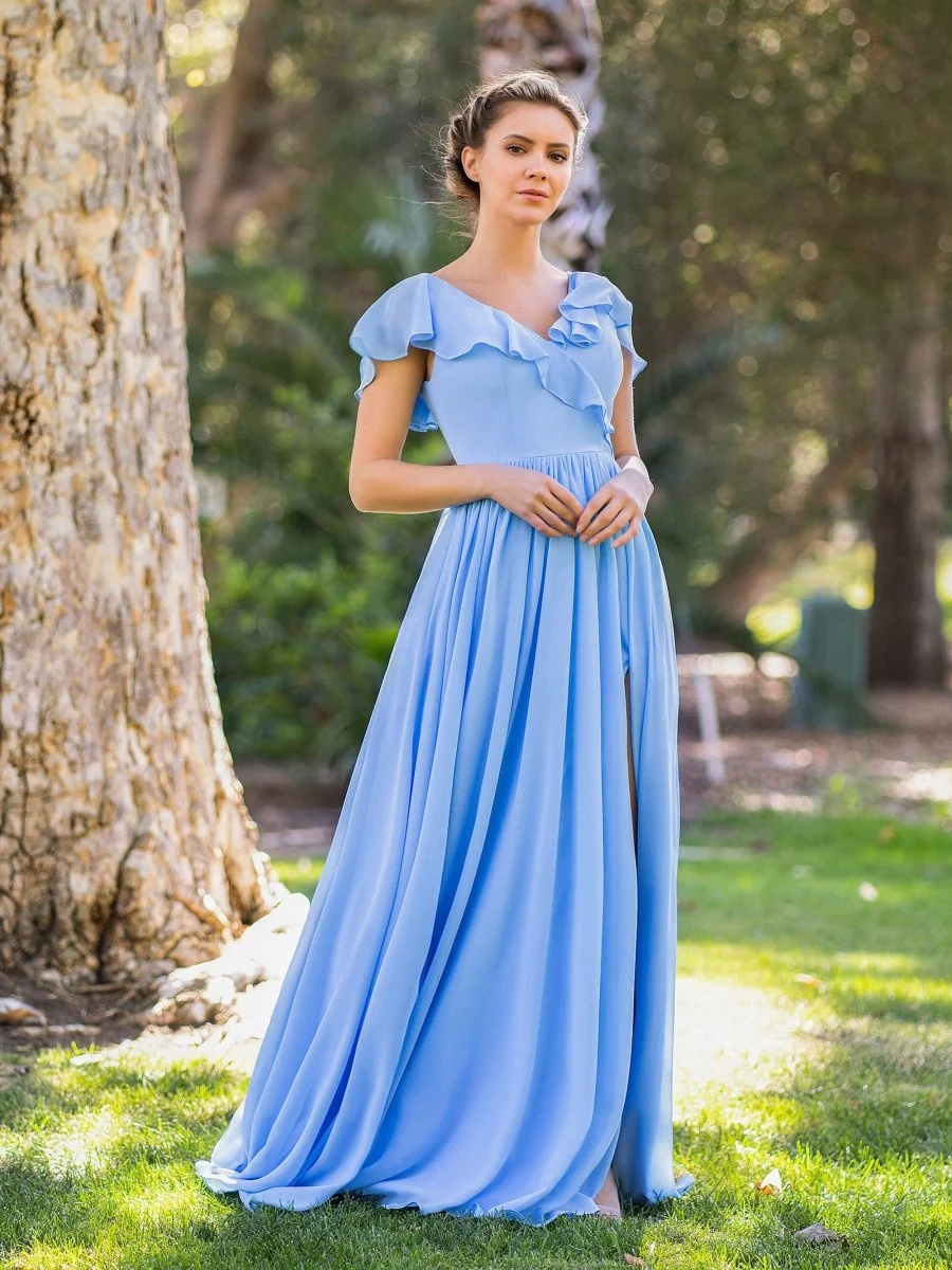Chiffon V Neck A Line Bridesmaid Dresses with Slit