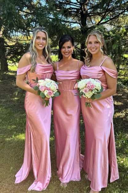 Satin Spaghetti Straps Mermaid Bridesmaid Dresses with Slit