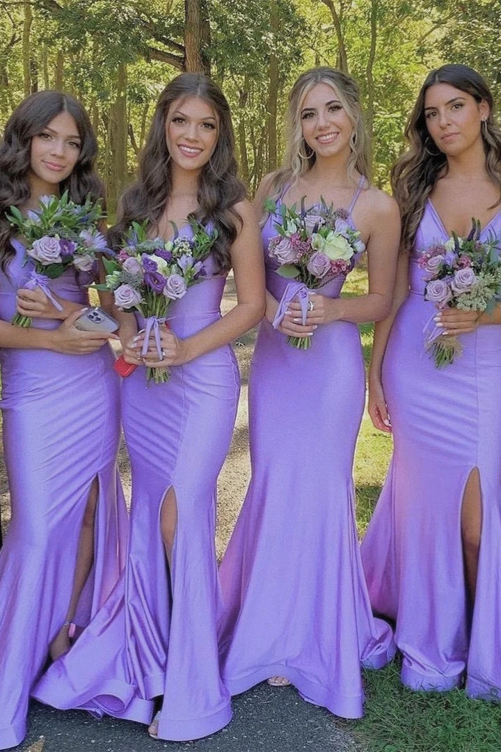 Satin Spaghetti Straps Mermaid Bridesmaid Dresses with Slit