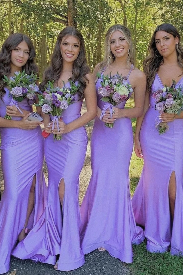 Satin Spaghetti Straps Mermaid Bridesmaid Dresses with Slit