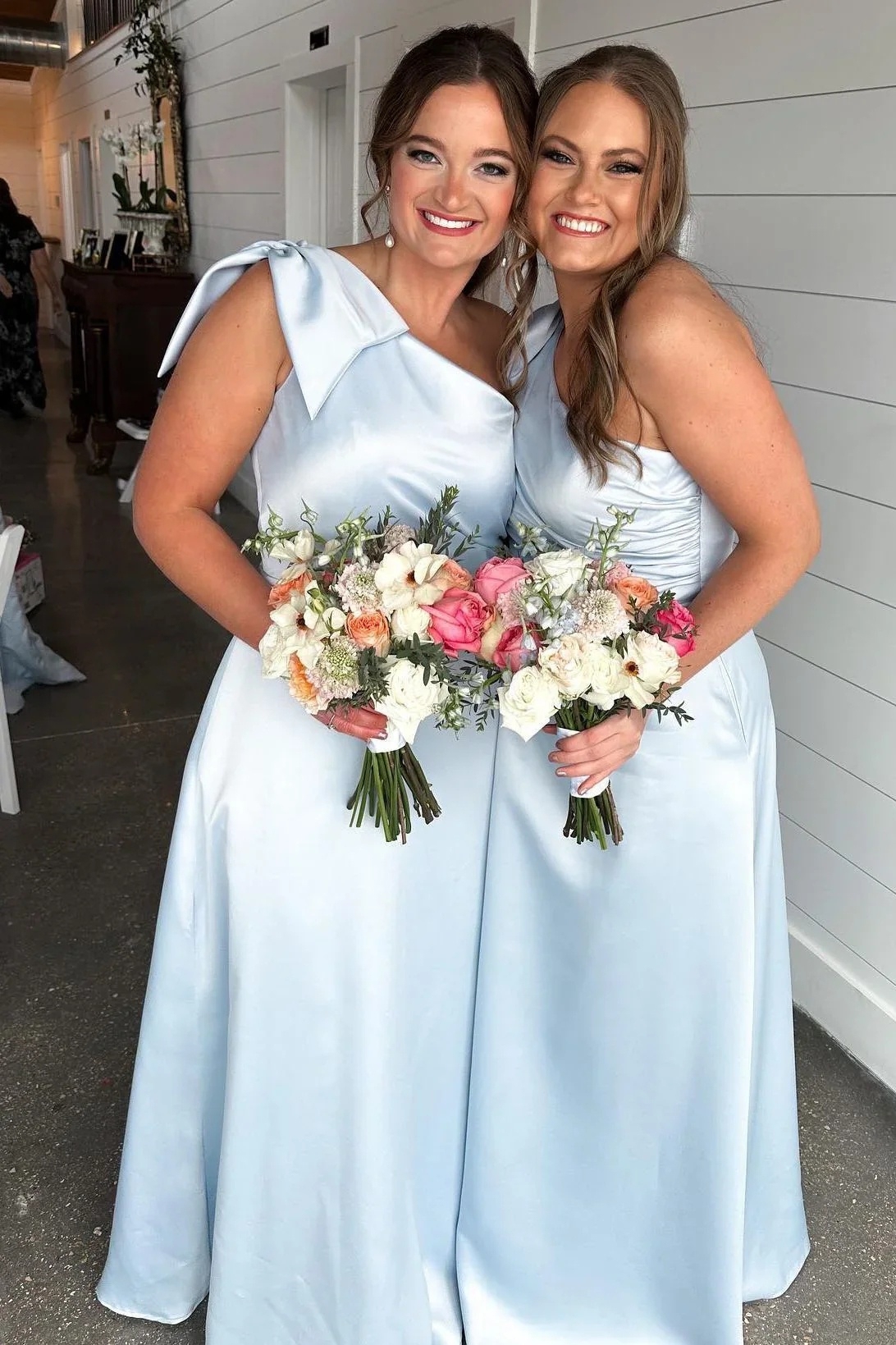 Satin One Shoulder A Line Bridesmaid Dresses with Bow