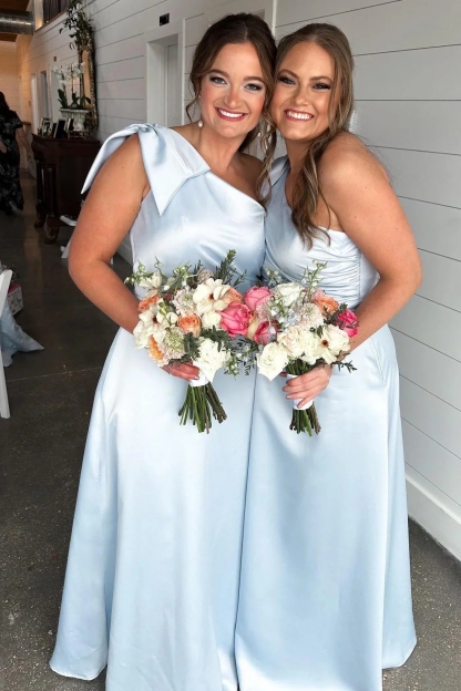 Satin One Shoulder A Line Bridesmaid Dresses with Bow