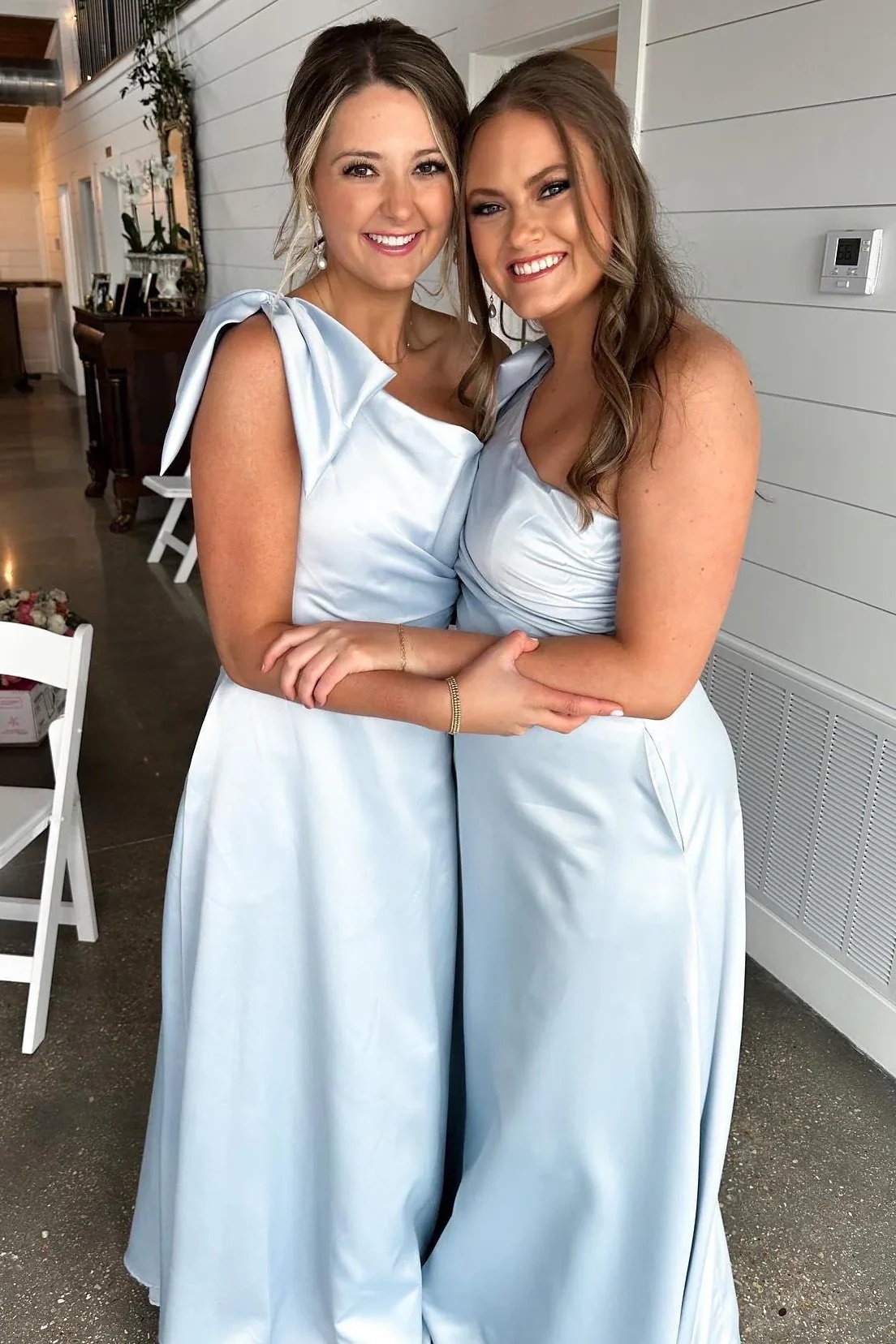 Satin One Shoulder A Line Bridesmaid Dresses with Bow