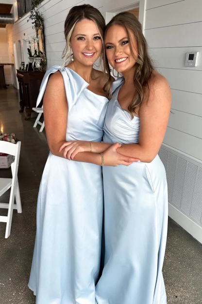 Satin One Shoulder A Line Bridesmaid Dresses with Bow