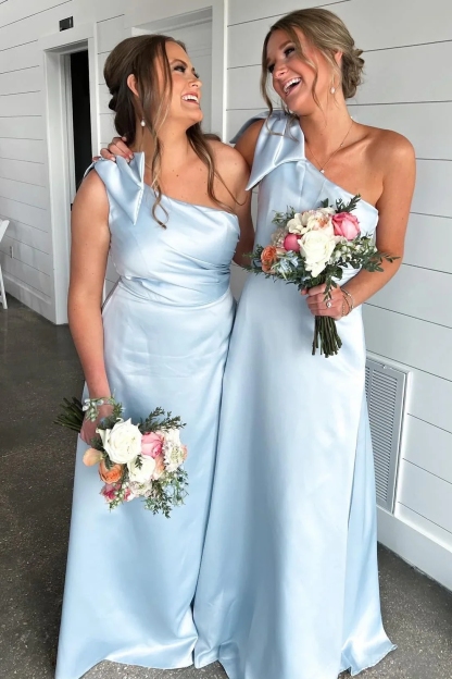 Satin One Shoulder A Line Bridesmaid Dresses with Bow