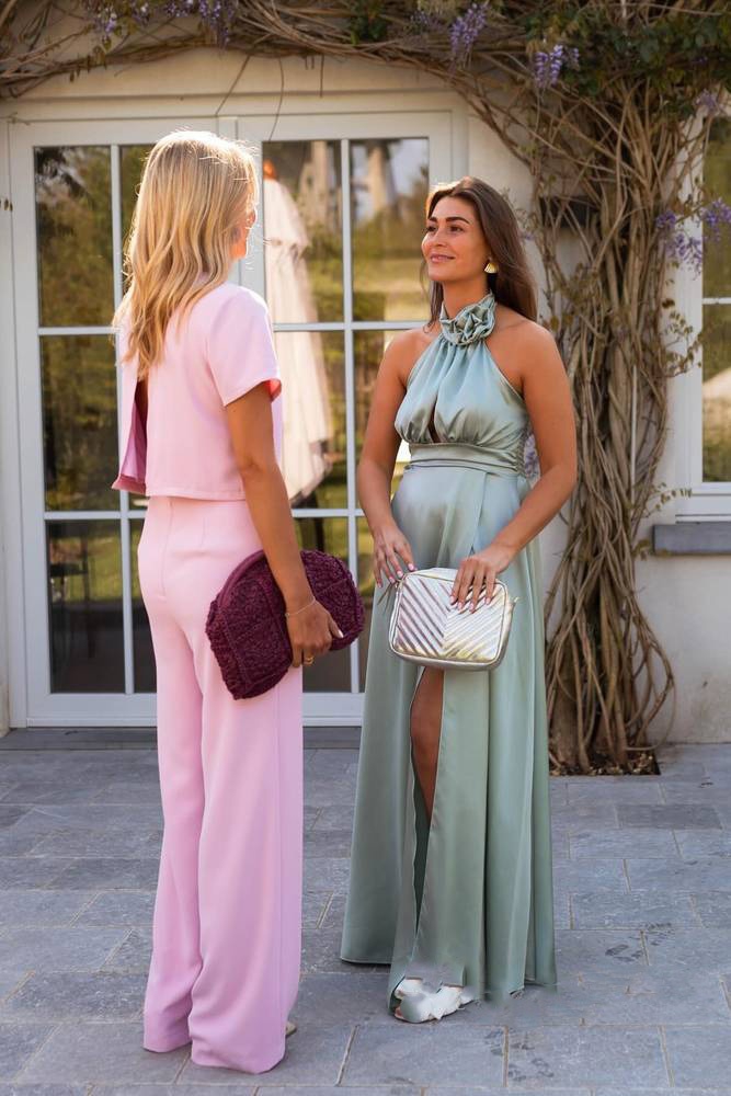 Satin Halter A Line Bridesmaid Dresses with Slit