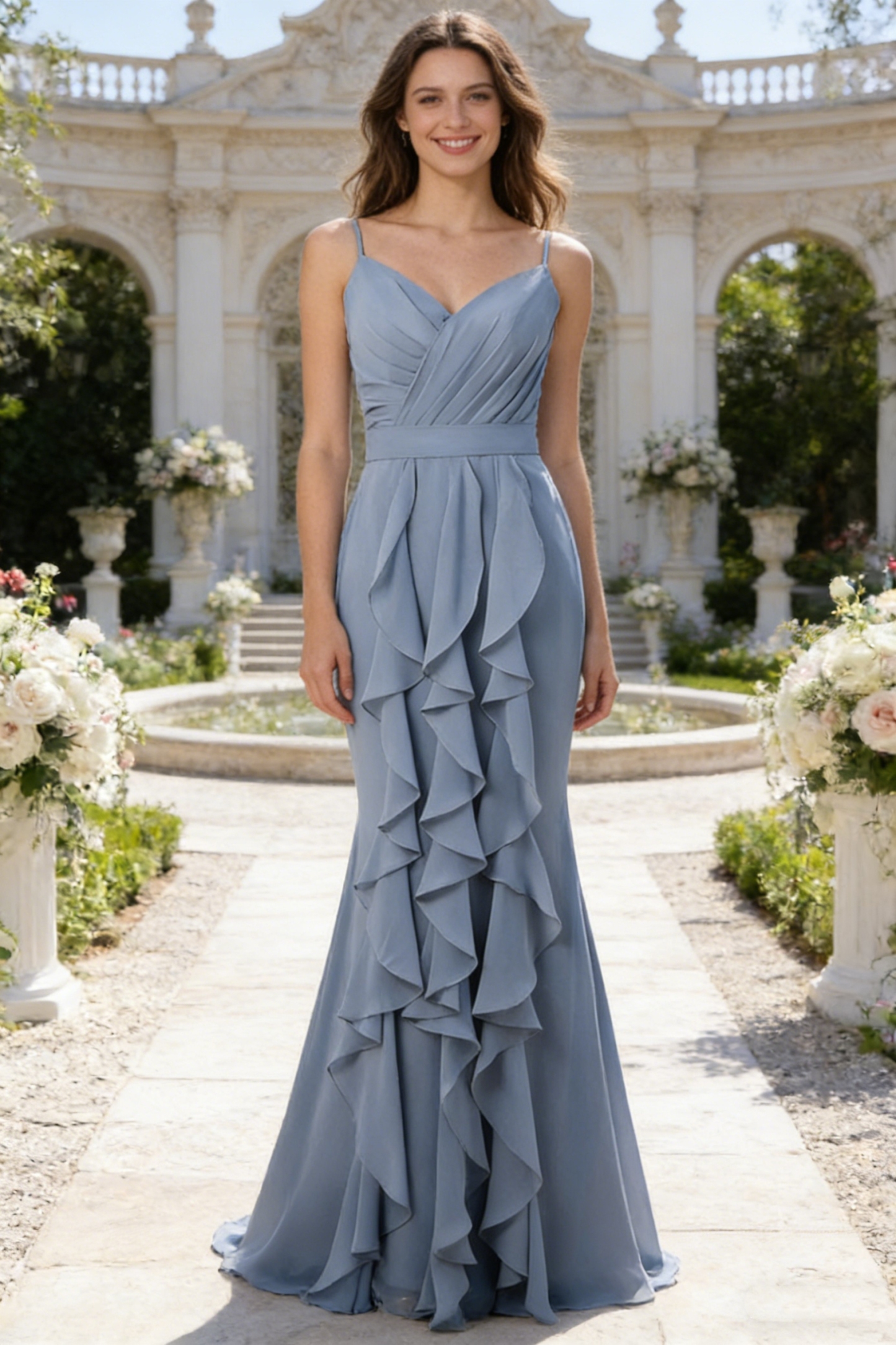 Chiffon Spaghetti Straps Mermaid Bridesmaid Dresses with Ruffles