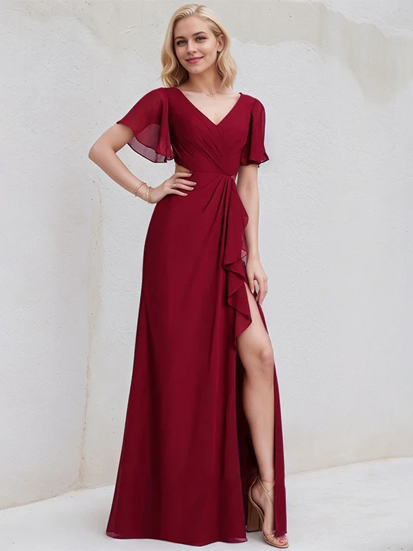 Chiffon V Neck A Line Bridesmaid Dresses with Slit
