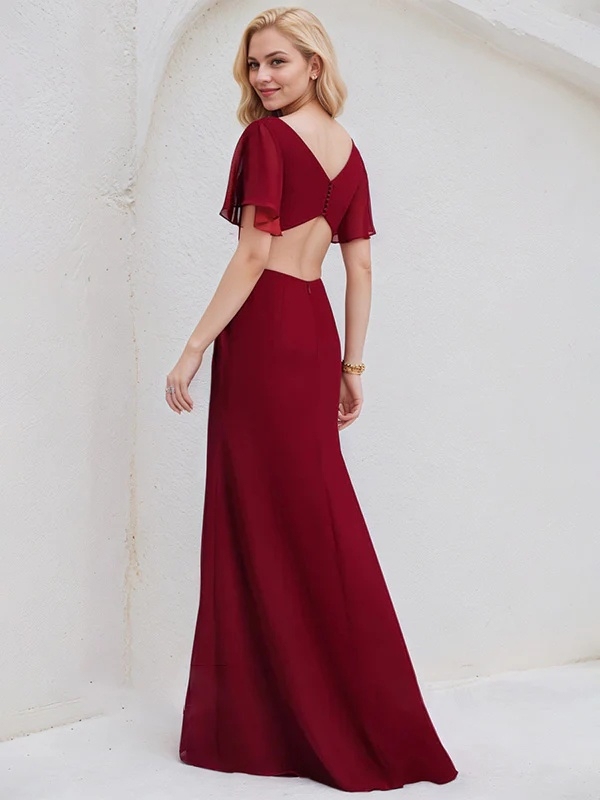 Chiffon V Neck A Line Bridesmaid Dresses with Slit