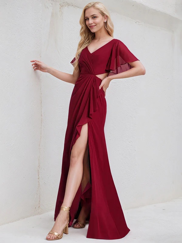 Chiffon V Neck A Line Bridesmaid Dresses with Slit