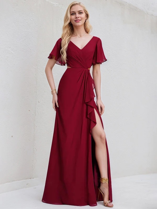 Chiffon V Neck A Line Bridesmaid Dresses with Slit