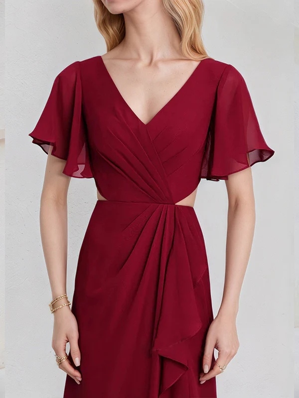 Chiffon V Neck A Line Bridesmaid Dresses with Slit