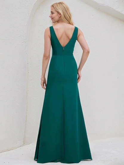 Chiffon V Neck A Line Bridesmaid Dresses with Slit