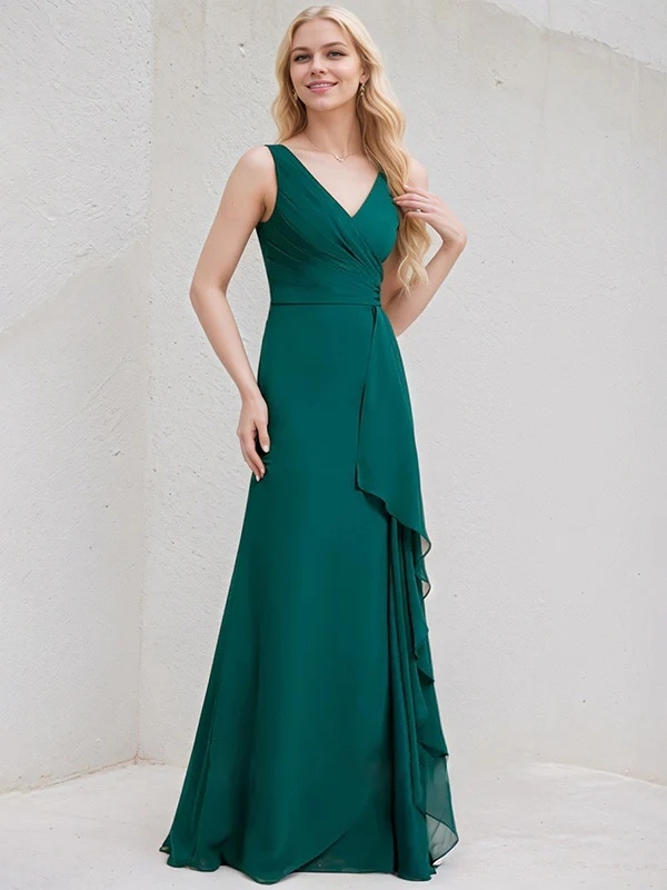 Chiffon V Neck A Line Bridesmaid Dresses with Slit