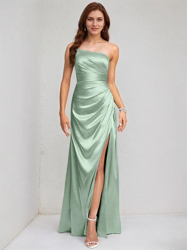 Satin One Shoulder Mermaid Bridesmaid Dresses with Slit
