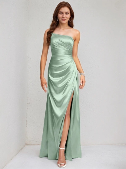 Satin One Shoulder Mermaid Bridesmaid Dresses with Slit