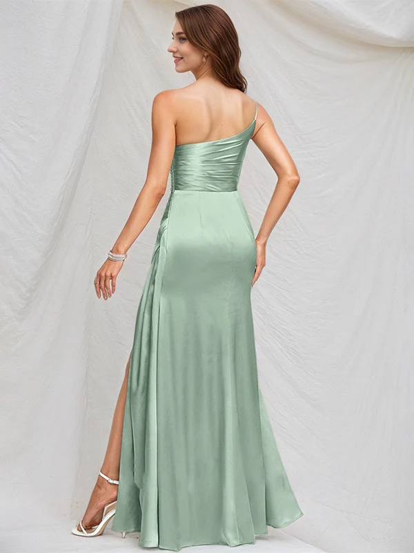 Satin One Shoulder Mermaid Bridesmaid Dresses with Slit