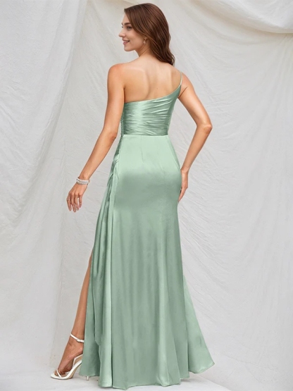 Satin One Shoulder Mermaid Bridesmaid Dresses with Slit