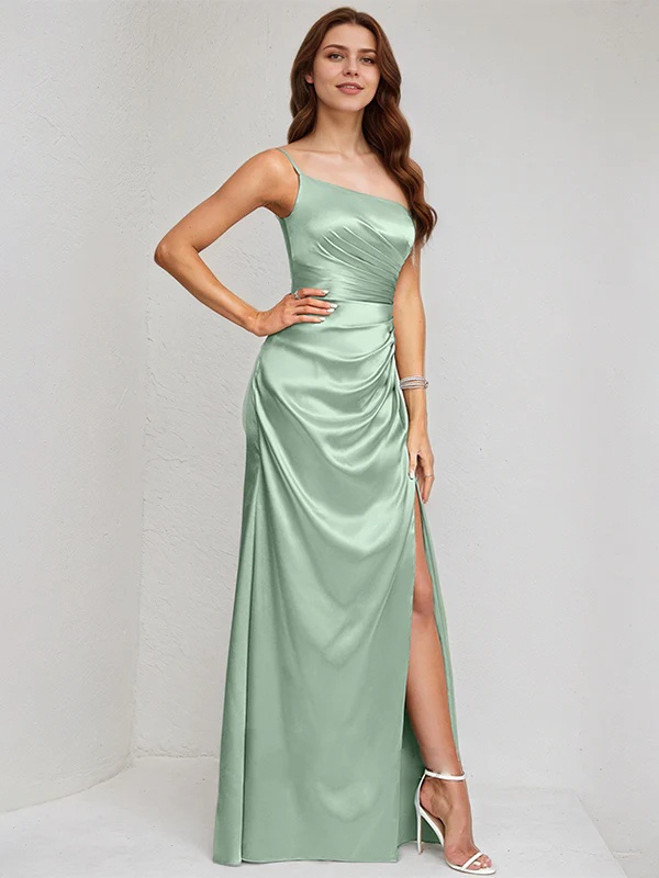 Satin One Shoulder Mermaid Bridesmaid Dresses with Slit