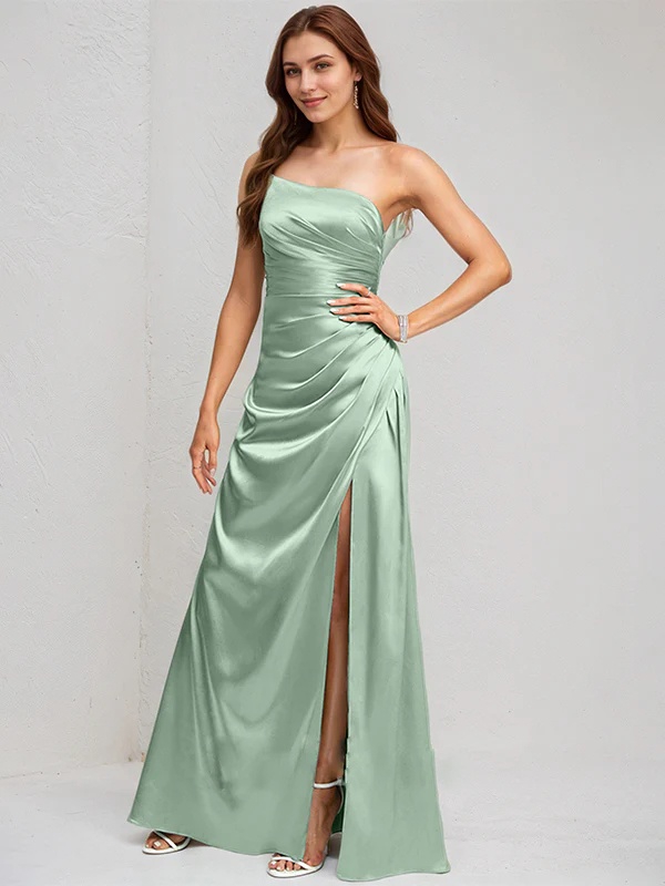 Satin One Shoulder Mermaid Bridesmaid Dresses with Slit