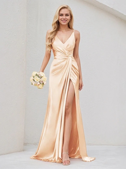 Satin Spaghetti Straps Mermaid Bridesmaid Dresses with Slit