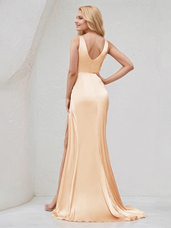 Satin Spaghetti Straps Mermaid Bridesmaid Dresses with Slit