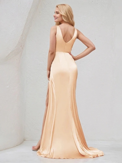 Satin Spaghetti Straps Mermaid Bridesmaid Dresses with Slit