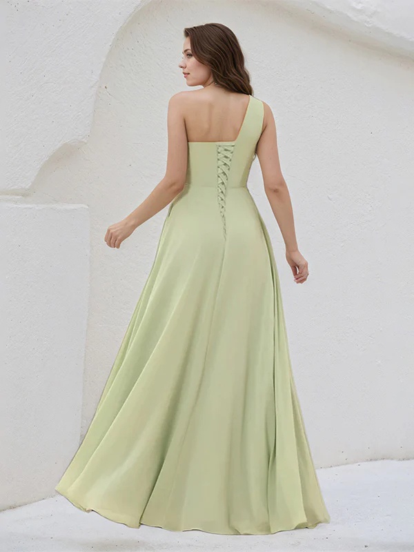 Chiffon One Shoulder A Line Bridesmaid Dresses with Slit