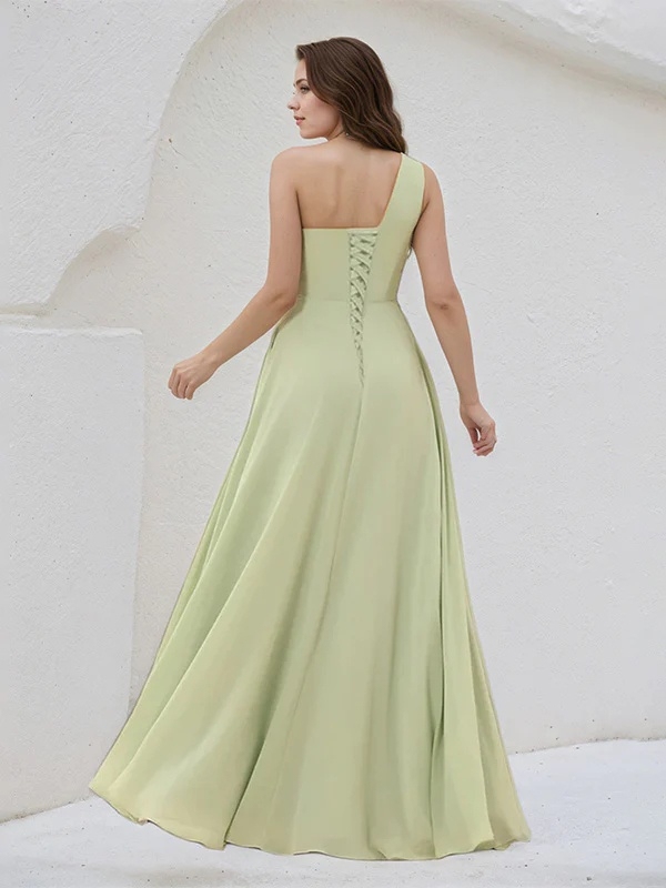Chiffon One Shoulder A Line Bridesmaid Dresses with Slit