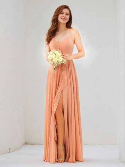 Chiffon Spaghetti Straps A Line Bridesmaid Dresses with Slit