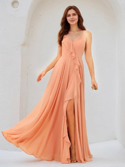 Chiffon Spaghetti Straps A Line Bridesmaid Dresses with Slit