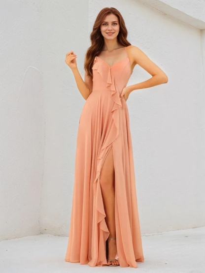 Chiffon Spaghetti Straps A Line Bridesmaid Dresses with Slit