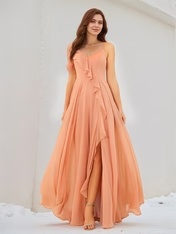 Chiffon Spaghetti Straps A Line Bridesmaid Dresses with Slit