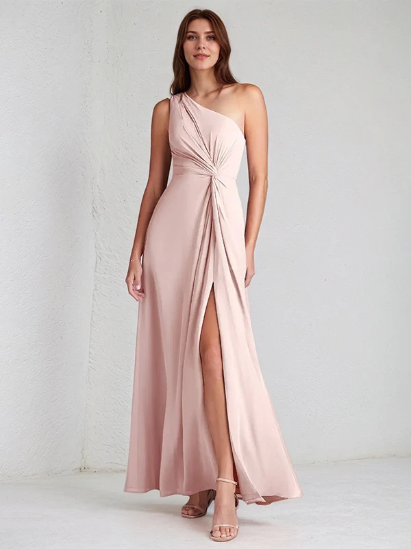 Chiffon One Shoulder A Line Bridesmaid Dresses with Slit