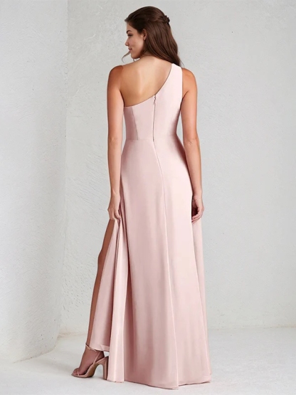 Chiffon One Shoulder A Line Bridesmaid Dresses with Slit