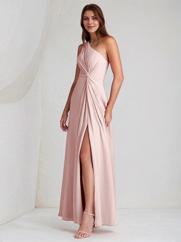 Chiffon One Shoulder A Line Bridesmaid Dresses with Slit