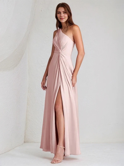 Chiffon One Shoulder A Line Bridesmaid Dresses with Slit