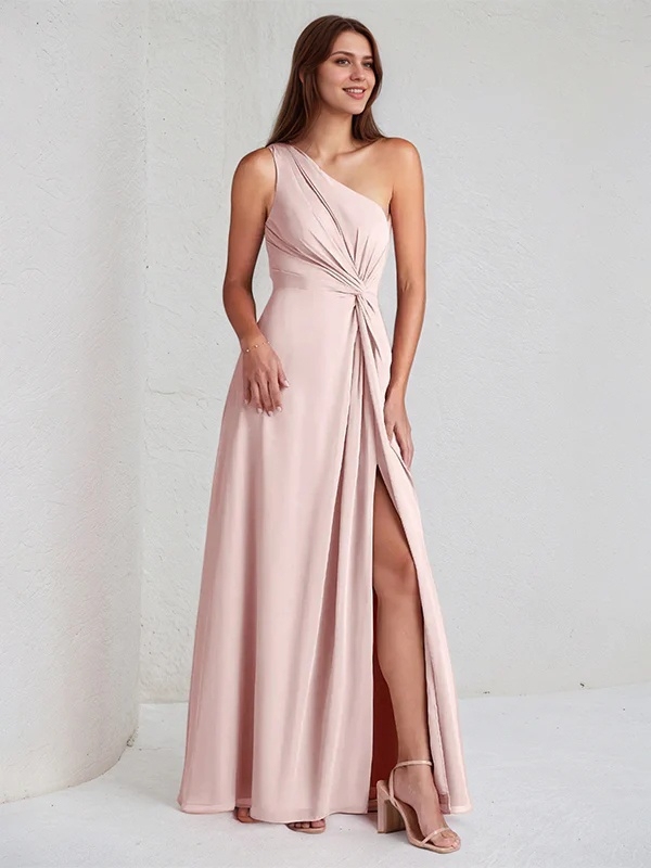 Chiffon One Shoulder A Line Bridesmaid Dresses with Slit