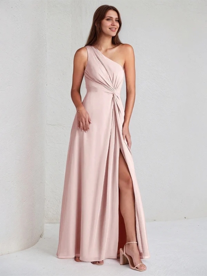 Chiffon One Shoulder A Line Bridesmaid Dresses with Slit