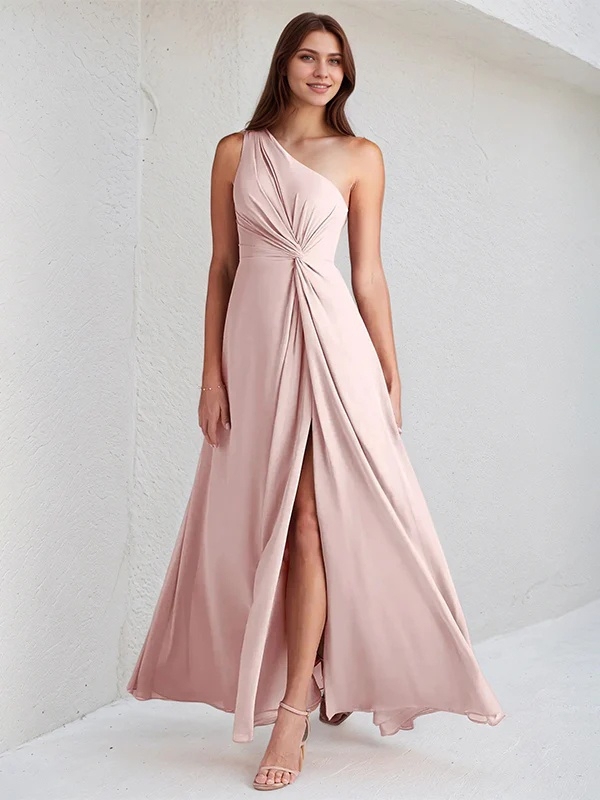 Chiffon One Shoulder A Line Bridesmaid Dresses with Slit
