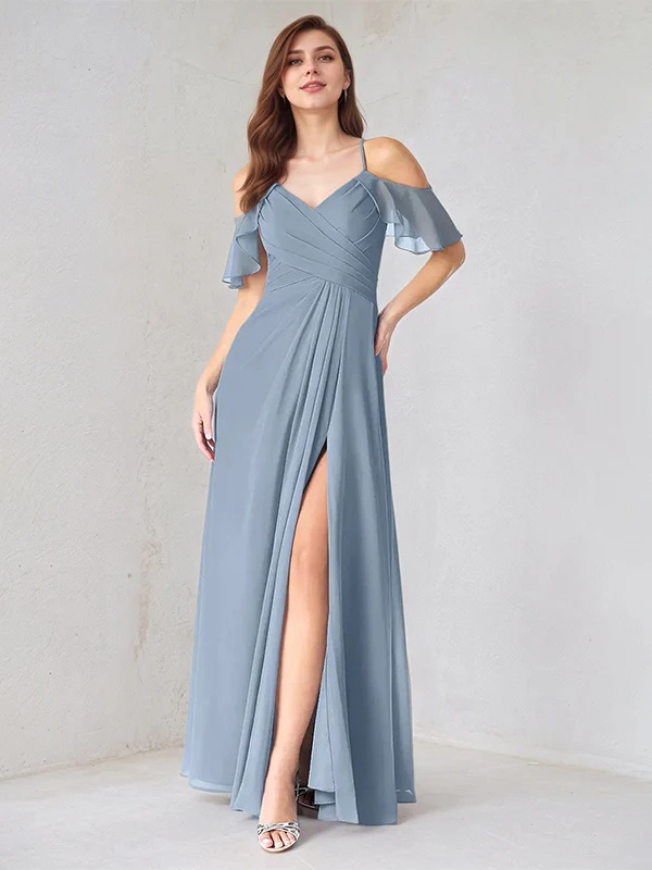 Chiffon Spaghetti Straps A Line Bridesmaid Dresses with Slit